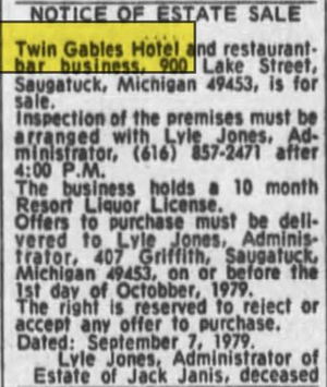 Hotel Saugatuck (Twin Gables Hotel) - Sept 1979 Estate Sale (newer photo)